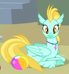 Size: 387x417 | Tagged: safe, derpibooru import, screencap, classical hippogriff, hippogriff, surf and/or turf, background hippogriff, ball, beach ball, cropped, female, jewelry, necklace, prone, sand, smiling, solo, unnamed hippogriff