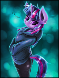 Size: 1280x1683 | Tagged: safe, artist:theomegaridley, twilight sparkle, anthro, unicorn, clothes, cute, female, heart, hoodie, mare, smiling