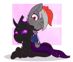 Size: 1300x1102 | Tagged: safe, artist:lazerblues, derpibooru import, oc, oc only, changeling, biting, blushing, clothes, cute, ear bite, fangs, hoodie, one eye closed, purple changeling, simple background, transparent background