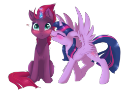 Size: 2505x1813 | Tagged: safe, artist:sinalaa, derpibooru import, fizzlepop berrytwist, tempest shadow, twilight sparkle, twilight sparkle (alicorn), alicorn, pony, unicorn, my little pony: the movie, blushing, broken horn, cutie mark, eye scar, eyes closed, female, glowing horn, heart, heart eyes, lesbian, licking, mare, scar, shipping, simple background, sitting, sparking horn, spread wings, tempestlight, tongue out, transparent background, wingding eyes, wings