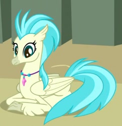 Size: 406x417 | Tagged: safe, derpibooru import, screencap, classical hippogriff, hippogriff, surf and/or turf, background hippogriff, cropped, female, jewelry, necklace, prone, solo, unnamed hippogriff