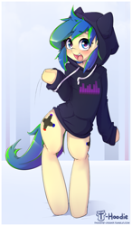 Size: 701x1200 | Tagged: safe, artist:hoodie, derpibooru import, oc, oc only, oc:ravebounce, bipedal, blushing, bottomless, clothes, cute, dancing, hoodie, partial nudity, solo