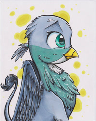 Size: 1024x1286 | Tagged: safe, artist:fanch1, gabby, griffon, abstract background, alcohol markers, bust, chest fluff, cute, fluffy, markers, on side, portrait, profile, smiling, solo, traditional art