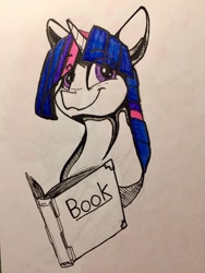 Size: 960x1280 | Tagged: safe, artist:greyscaleart, derpibooru import, twilight sparkle, pony, book, bust, female, mare, partial color, simple background, solo, traditional art