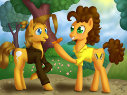 Size: 2000x1500 | Tagged: safe, artist:divlight, cheese sandwich, oc, oc:benny, earth pony, pony, beard, clothes, facial hair, grin, party horn, smiling, tree