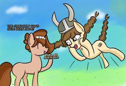 Size: 1893x1293 | Tagged: safe, artist:artiks, derpibooru import, oc, oc only, oc:brownie bun, oc:tvælåt, earth pony, pony, braid, cinnamon bun, duo, duo female, female, food, helmet, horned helmet, viking helmet