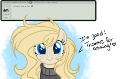 Size: 1024x667 | Tagged: safe, artist:mintoria, derpibooru import, oc, oc only, oc:dusty, pegasus, pony, ask, clothes, deviantart, female, mare, simple background, solo, sweater, transparent background