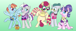 Size: 1900x800 | Tagged: safe, artist:sallindaemon, cloudy quartz, cookie crumbles, pear butter, posey shy, twilight velvet, windy whistles, earth pony, pegasus, pony, unicorn, the perfect pear, bipedal, clothes, colored wings, dark comedy, gradient background, jar, mom six, multicolored wings, shirt, sitting, smiling