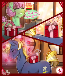 Size: 1280x1501 | Tagged: safe, artist:hiloumuns, derpibooru import, star tracker, pony, comic:twitracker valentine's day, blushing, building, cake, cash register, comic, dialogue, female, food, gift box, hearts and hooves day, holiday, male, shipping, shop, twitracker, valentine's day