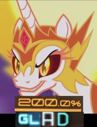 Size: 928x1206 | Tagged: safe, edit, edited screencap, editor:watermelon changeling, screencap, daybreaker, alicorn, pony, a royal problem, 200% mad, caption, cropped, expand dong, exploitable meme, image macro, meme, smiling, solo