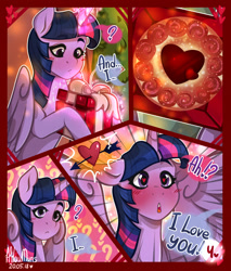 Size: 1280x1501 | Tagged: safe, artist:hiloumuns, derpibooru import, star tracker, twilight sparkle, twilight sparkle (alicorn), alicorn, earth pony, pony, comic:twitracker valentine's day, abstract background, arrow, arrow through heart, blushing, building, cake, comic, confession of love, dialogue, female, food, gift box, golden oaks library, heart, heart eyes, hearts and hooves day, holiday, male, shipping, twitracker, valentine's day, wingding eyes