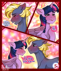 Size: 1280x1501 | Tagged: safe, artist:hiloumuns, derpibooru import, star tracker, twilight sparkle, twilight sparkle (alicorn), alicorn, earth pony, pony, comic:twitracker valentine's day, abstract background, blushing, comic, confession of love, crying, dialogue, female, golden oaks library, heart, heart eyes, hearts and hooves day, holiday, male, shipping, tears of joy, twitracker, valentine's day, wingding eyes