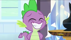 Size: 1920x1080 | Tagged: safe, screencap, spike, dragon, the times they are a changeling, arm behind back, baby, baby dragon, crystal empire, cute, discovery family, discovery family logo, eyebrows, eyes closed, grin, hands behind back, innocent, logo, male, smiling, solo, spikabetes, table, teeth, vase, watermark, window