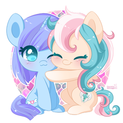 Size: 600x600 | Tagged: safe, artist:exceru-karina, oc, oc only, oc:fantasy heart, oc:twinkle heart, pony, blushing, cute, duo, hug, no pupils, simple background, transparent background