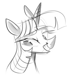 Size: 474x553 | Tagged: safe, artist:pochatochek, twilight sparkle, pony, lidded eyes, looking down, sketch, smiling, solo