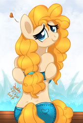 Size: 800x1180 | Tagged: safe, artist:joakaha, pear butter, anthro, earth pony, unguligrade anthro, the perfect pear, arm hooves, bikini, bikini top, clothes, female, heart, looking at you, looking back, mare, rear view, smiling, swimsuit