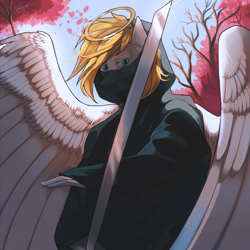 Size: 3508x3508 | Tagged: safe, artist:orfartina, derpibooru import, oc, oc only, anthro, pegasus, clothes, high res, large wings, male, samurai, solo, sword, weapon, wings