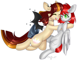 Size: 947x745 | Tagged: safe, artist:clefficia, oc, oc only, bat pony, pegasus, pony, colored pupils, female, hug, mare, simple background, transparent background