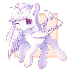 Size: 2000x2000 | Tagged: safe, artist:leafywind, derpibooru import, oc, oc only, alicorn, pony, abstract background, alicorn oc, colored pupils, ear fluff, female, leonine tail, mare, one eye closed, simple background, smiling, solo, starry eyes, transparent background, wingding eyes, wink