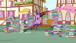Size: 1920x1080 | Tagged: safe, derpibooru import, screencap, spike, twilight sparkle, twilight sparkle (alicorn), alicorn, dragon, pony, yakity-sax, book, female, giggles, looking at something, lots of books, male, mare, sitting, smiling, that pony sure does love books, winged spike