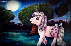 Size: 1141x748 | Tagged: safe, artist:lolliangel123, twilight, pony, g1, bow, night, solo, tail bow, traditional art, tree