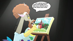 Size: 1280x720 | Tagged: safe, derpibooru import, edit, edited screencap, screencap, discord, season 5, what about discord?, afro, beard, black background, bob ross, canvas, color palette, draconiross, easel, facial hair, goatee, misspelling, paint, paintbrush, painting, quote, red, simple background, solo, speech bubble, spotlight, sweet apple acres, text