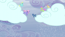 Size: 1280x720 | Tagged: safe, derpibooru import, screencap, merry may, parasol, rainbowshine, pegasus, pony, tanks for the memories, background pony, cloud, cloudy, dewdrop, female, flying, i'll fly, male, mare, ocean rainbow, sky, snow, stallion