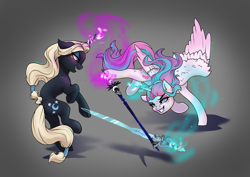 Size: 1024x725 | Tagged: safe, artist:joan-grace, princess flurry heart, oc, oc:selina, pony, unicorn, female, flurry heart pearl of battle, just for fun, magic, mare, offspring, older, older flurry heart, parent:king sombra, parent:princess luna, parents:lumbra, sparring, story in the source, sword, weapon
