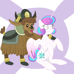 Size: 1024x1021 | Tagged: safe, artist:rosequartz1, princess flurry heart, alicorn, pony, yak, calf, cloven hooves, female, filly, horn ring, male, older, startled, story included, yak calf