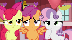 Size: 1920x1080 | Tagged: safe, derpibooru import, screencap, apple bloom, scootaloo, sweetie belle, earth pony, pegasus, pony, unicorn, the break up breakdown, cutie mark crusaders, discovery family logo, female, filly, hoof on chin, trio