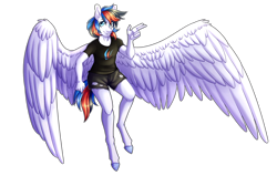 Size: 5500x3500 | Tagged: safe, artist:micky-ann, oc, oc only, oc:retro city, anthro, pegasus, unguligrade anthro, absurd resolution, anthro oc, clothes, colored pupils, female, gift art, large wings, looking at you, mare, shirt, shorts, simple background, smiling, solo, spread wings, transparent background, wings