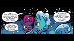 Size: 1280x720 | Tagged: safe, artist:andypriceart, derpibooru import, idw, glitter drops, tempest shadow, pony, spoiler:comic, spoiler:comic67, angry, broken horn, clothes, comic, duo, eye scar, female, mare, official comic, saddle bag, scar, scarf, snow, speech bubble