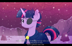 Size: 2100x1351 | Tagged: safe, artist:tina-de-love, derpibooru import, twilight sparkle, pony, eyepatch, female, mare, snow, snowfall, solo, torn ear