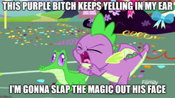 Size: 888x499 | Tagged: safe, derpibooru import, edit, edited screencap, screencap, gummy, spike, alligator, dragon, yakity-sax, caption, image macro, male, meme, vulgar, winged spike