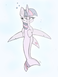 Size: 720x960 | Tagged: safe, artist:heir-of-rick, derpibooru import, twilight sparkle, twilight sparkle (alicorn), alicorn, original species, sea pony, shark pony, atg 2018, blue background, female, newbie artist training grounds, sharkified, simple background, smiling, solo, species swap, twilight sharkle