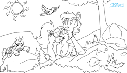 Size: 1928x1106 | Tagged: safe, artist:prismspark, derpibooru import, oc, hiking, monochrome, ms paint, outdoors, sketch