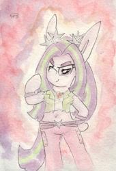 Size: 692x1019 | Tagged: safe, artist:slightlyshade, derpibooru import, pony, belly button, bipedal, clothes, long ears, midriff, pants, ponified, short shirt, solo, traditional art