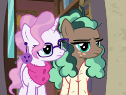 Size: 1285x978 | Tagged: safe, derpibooru import, screencap, minty mocha, raspberry latte, earth pony, pony, unicorn, the parent map, animated, clothes, duo, ear piercing, earring, female, glasses, hoofbump, jewelry, mare, piercing, scarf