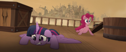 Size: 1920x804 | Tagged: safe, derpibooru import, screencap, pinkie pie, twilight sparkle, twilight sparkle (alicorn), alicorn, earth pony, pony, my little pony: the movie, airship, klugetown