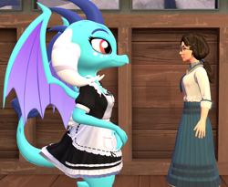 Size: 1320x1080 | Tagged: safe, artist:red4567, princess ember, dragon, human, 3d, anime, bioshock, bioshock infinite, clothes, elizabeth comstock, female, looking at each other, maid, miss kobayashi's dragon maid, size difference, source filmmaker