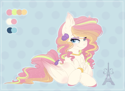 Size: 4777x3504 | Tagged: safe, artist:pvrii, derpibooru import, oc, oc only, oc:rainbow sorbet, pegasus, pony, adoptable, body freckles, chest fluff, female, freckles, looking at you, mare, reference sheet, simple background, smiling, solo