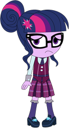 Size: 1000x1848 | Tagged: safe, artist:ra1nb0wk1tty, sci-twi, twilight sparkle, equestria girls, clothes, cute, frown, glasses, hair bun, sad, shoes, simple background, skirt, socks, solo, transparent background