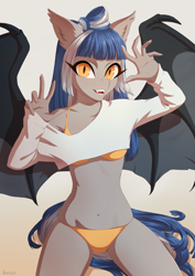 Size: 905x1280 | Tagged: safe, artist:glorious-rarien, derpibooru import, oc, oc only, oc:midnight rush, anthro, bat pony, anthro oc, bat pony oc, bikini, clothes, female, looking at you, mare, shirt, solo, swimsuit