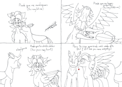 Size: 5687x4068 | Tagged: safe, artist:summerium, derpibooru import, oc, oc only, oc:sasir, oc:summer lights, changedling, changeling, pegasus, pony, absurd resolution, bad pun, biting, black and white, couple, cute, gay, grayscale, kiss on the cheek, kissing, male, mixed media, monochrome, pun, spanish, text, tickling, unshorn fetlocks, wings
