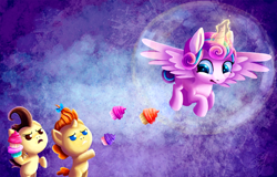 Size: 1200x767 | Tagged: safe, artist:ssoldat, pound cake, princess flurry heart, pumpkin cake, alicorn, pony, unicorn, a flurry of emotions, baby, baby pony, cupcake, flying, food, glowing horn, looking back, magic, trio