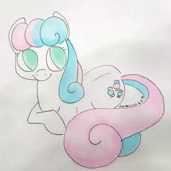 Size: 600x600 | Tagged: safe, artist:domino626, bon bon, sweetie drops, earth pony, pony, markers, no pupils, prone, smiling, solo, traditional art