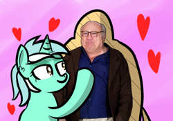 Size: 674x473 | Tagged: safe, artist:artiks, derpibooru import, lyra heartstrings, human, unicorn, canon x irl human, cardboard cutout, danny devito, female, heart, hearts and hooves day, shipping, that pony sure does love humans