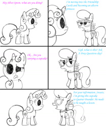 Size: 1206x1446 | Tagged: safe, artist:pepsi twist, silver spoon, sweetie belle, comic, monochrome, poison joke