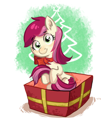 Size: 2200x2665 | Tagged: safe, artist:lis-alis, roseluck, earth pony, pony, adorarose, bow, box, cute, female, hug, looking at you, mare, pony in a box, present, sitting, solo, tail hug