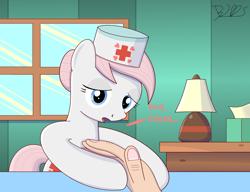 Size: 1500x1153 | Tagged: safe, artist:trackheadtherobopony, derpibooru import, nurse redheart, human, dialogue, hand, hospital, offscreen character, pov, signature, solo focus